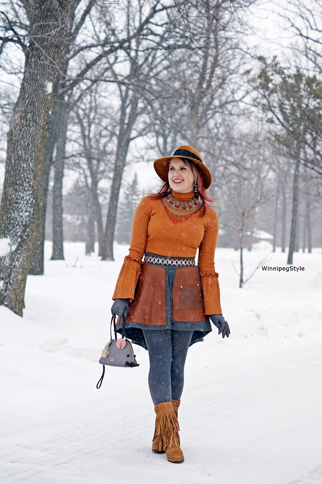 Winnipeg Style, Fashion Consultant, Stylist, Chicwish orange bell sleeve sweater, Tony Chestnut wool and reclaimed leather skirt, Kate Spade mouse handbag, womens fashion, winter fashion, canadian, unique style